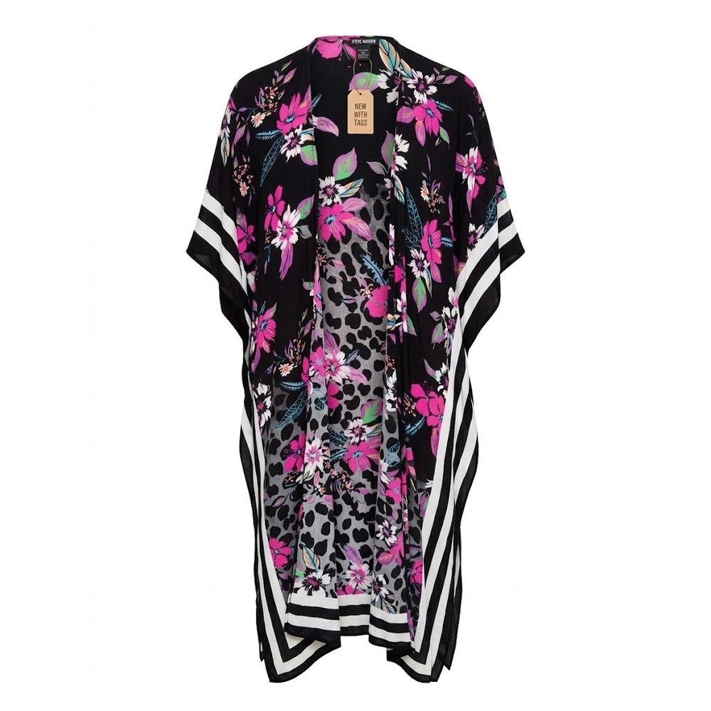 NWT Steve Madden Kimono Womens OS Black Floral Mixed Print Boho Duster Wrap